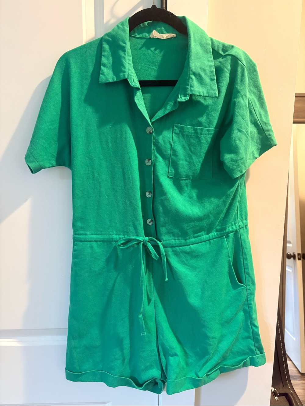 Green Short Sleeve Romper with Drawstring